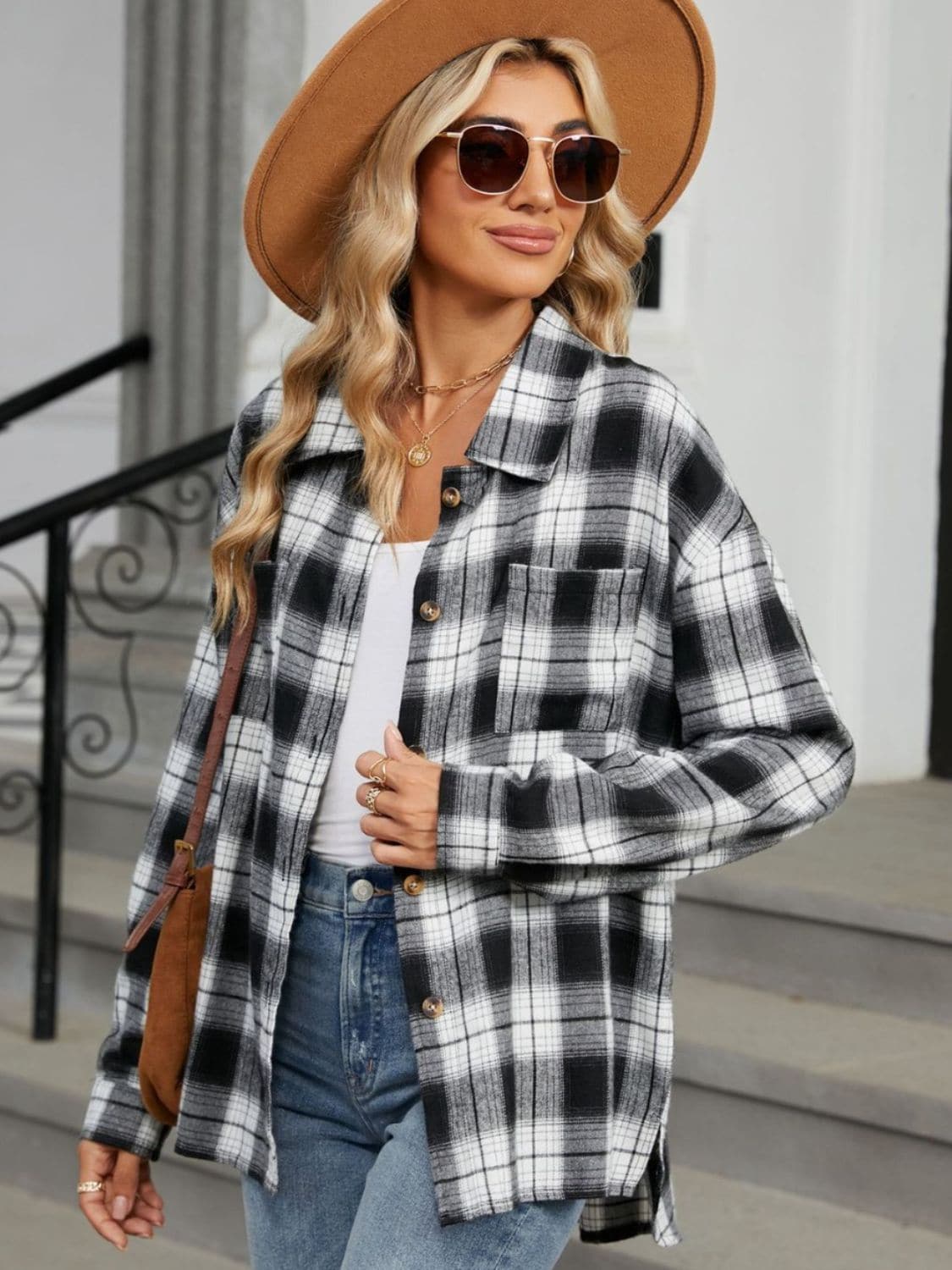 Plaid Collared Neck Long Sleeve Shirt.