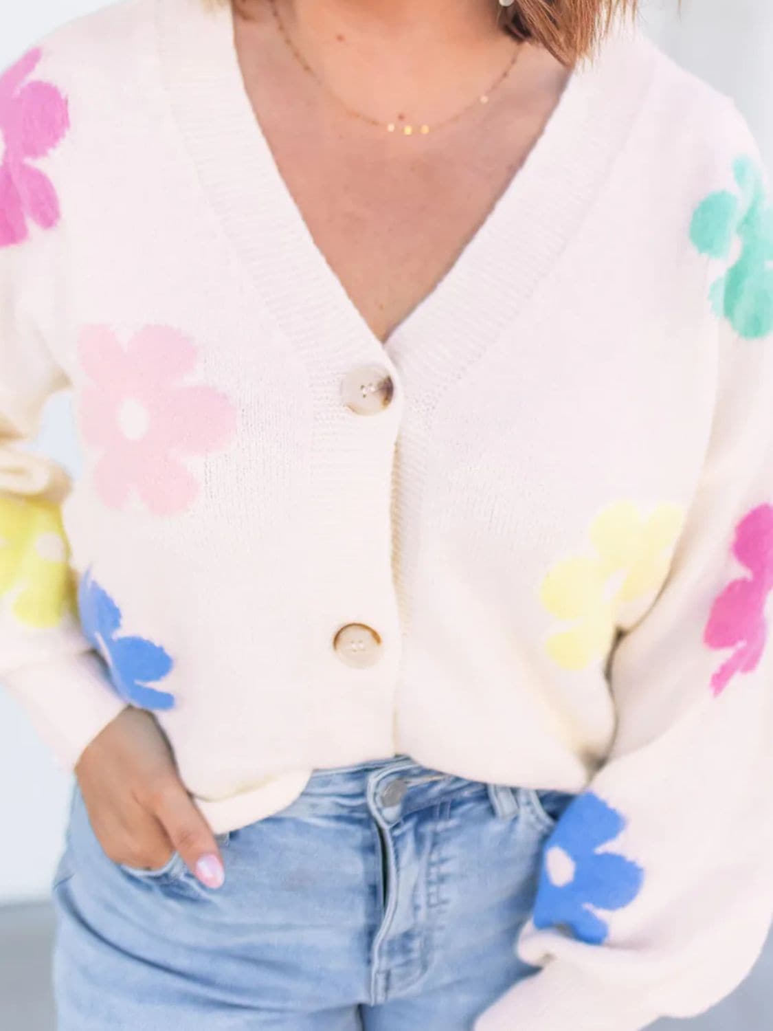 Plus Size Flower Button Up Long Sleeve Cardigan.