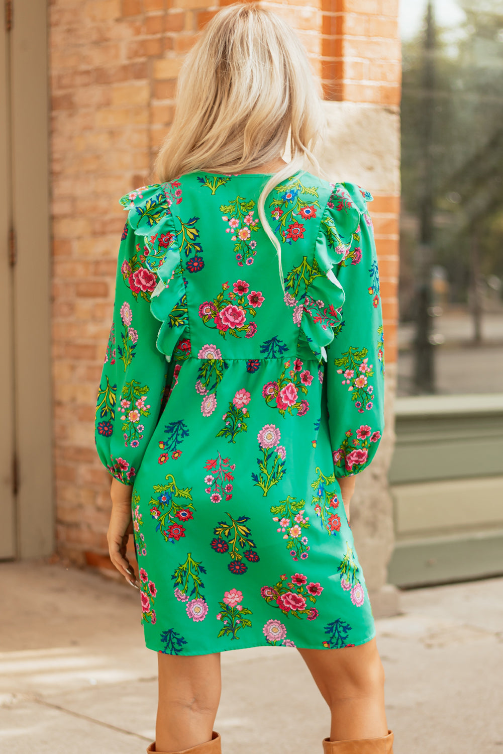 Premium Green Floral Ruffled Three Quarter Sleeve Buttoned Dress Dear-Lover Dropshipping