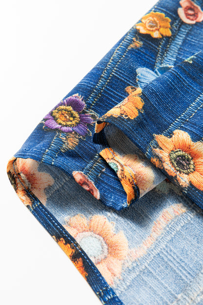 Premium Blue Floral Collared V Neck Roll Up Sleeve Blouse