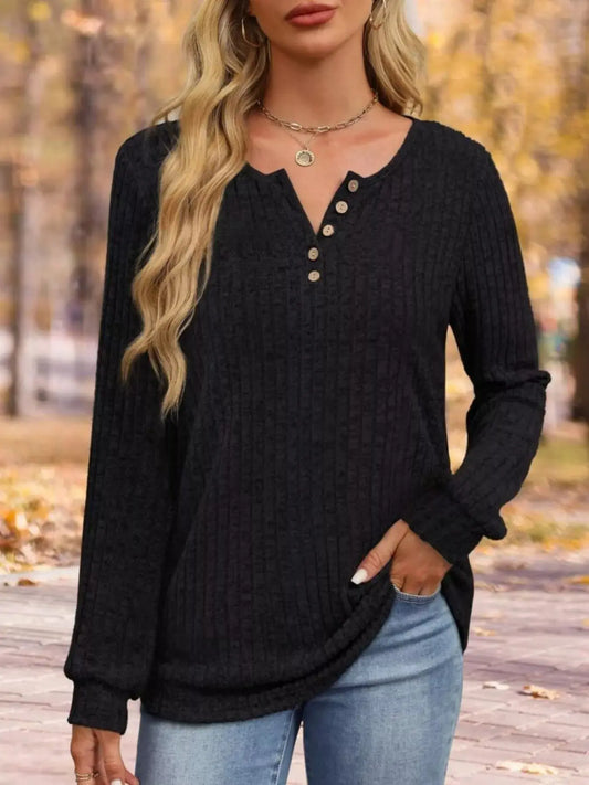 Ribbed Knit Button-Front Long Sleeve T-Shirt Simply Love