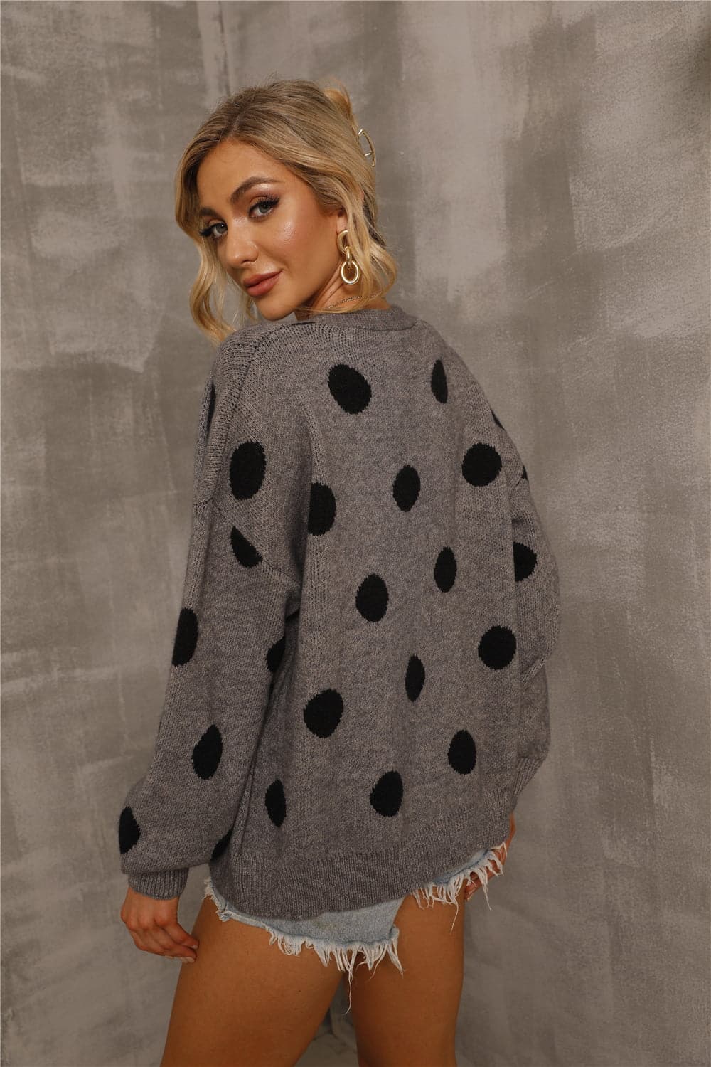 Polka Dot Open Front Drop Shoulder Cardigan.