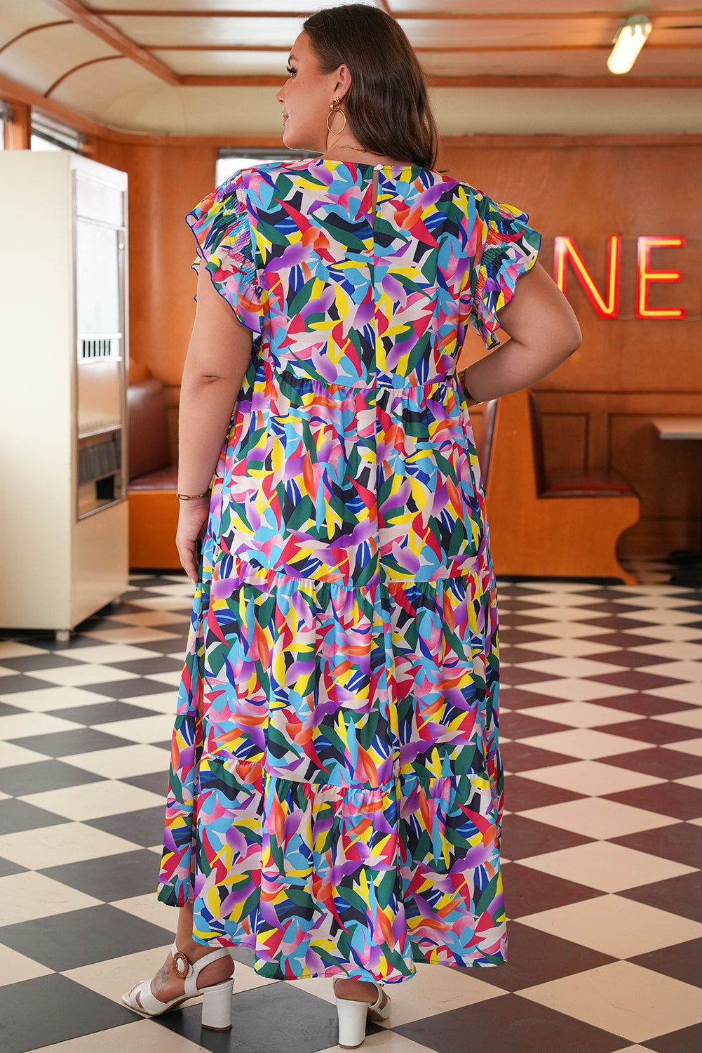 Blue Geometric Print Ruffled Short Sleeve Plus Size Tiered Maxi Dress Dear-Lover Dropshipping