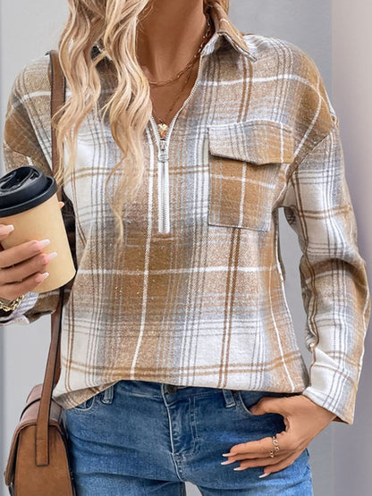 Plaid Half Zip Long Sleeve Top with Collared Neck and Pockets