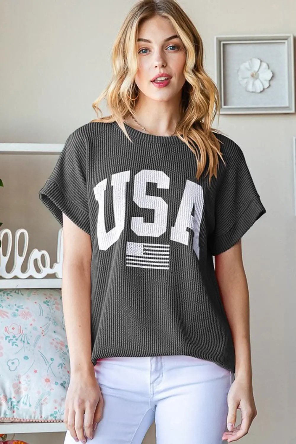 Heimish Full Size USA Graphic Short Sleeve Ribbed Top - Love Salve 