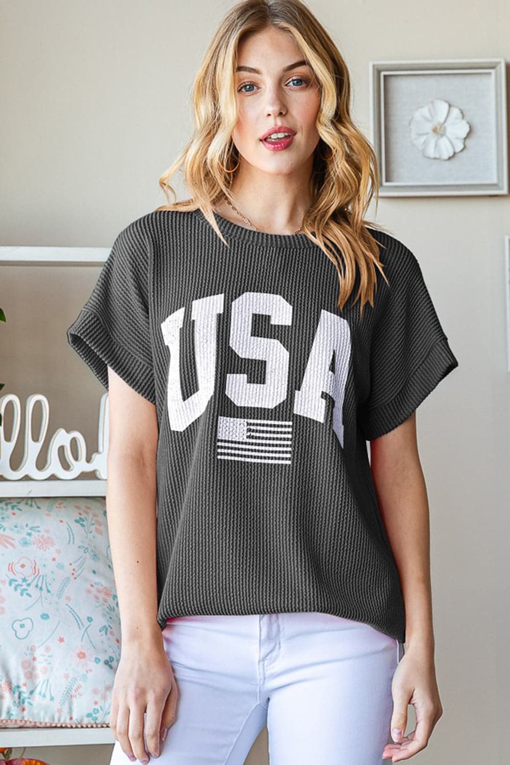 Heimish Full Size USA Graphic Short Sleeve Ribbed Top.