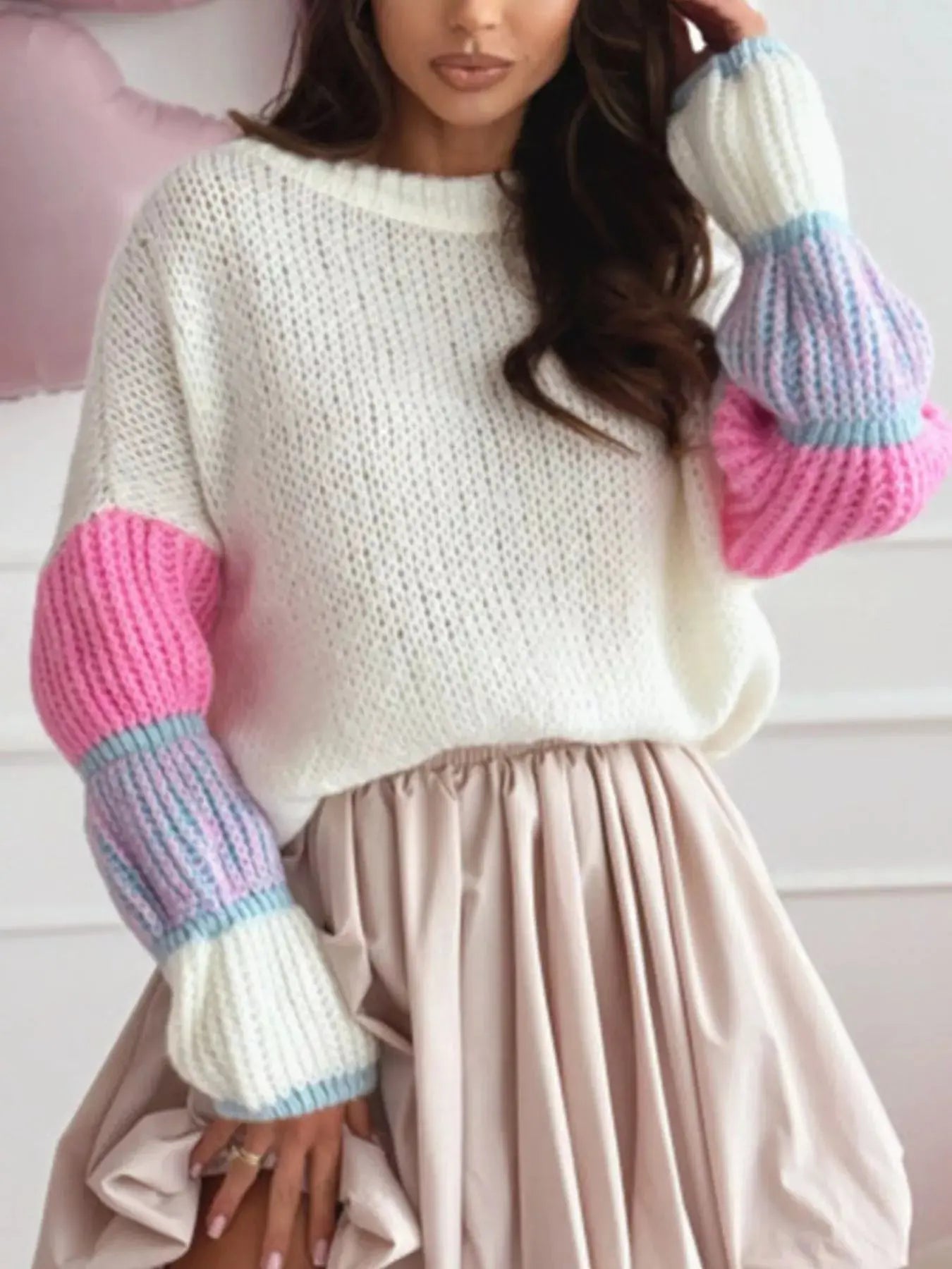 Color Block Round Neck Sweater Simply Love