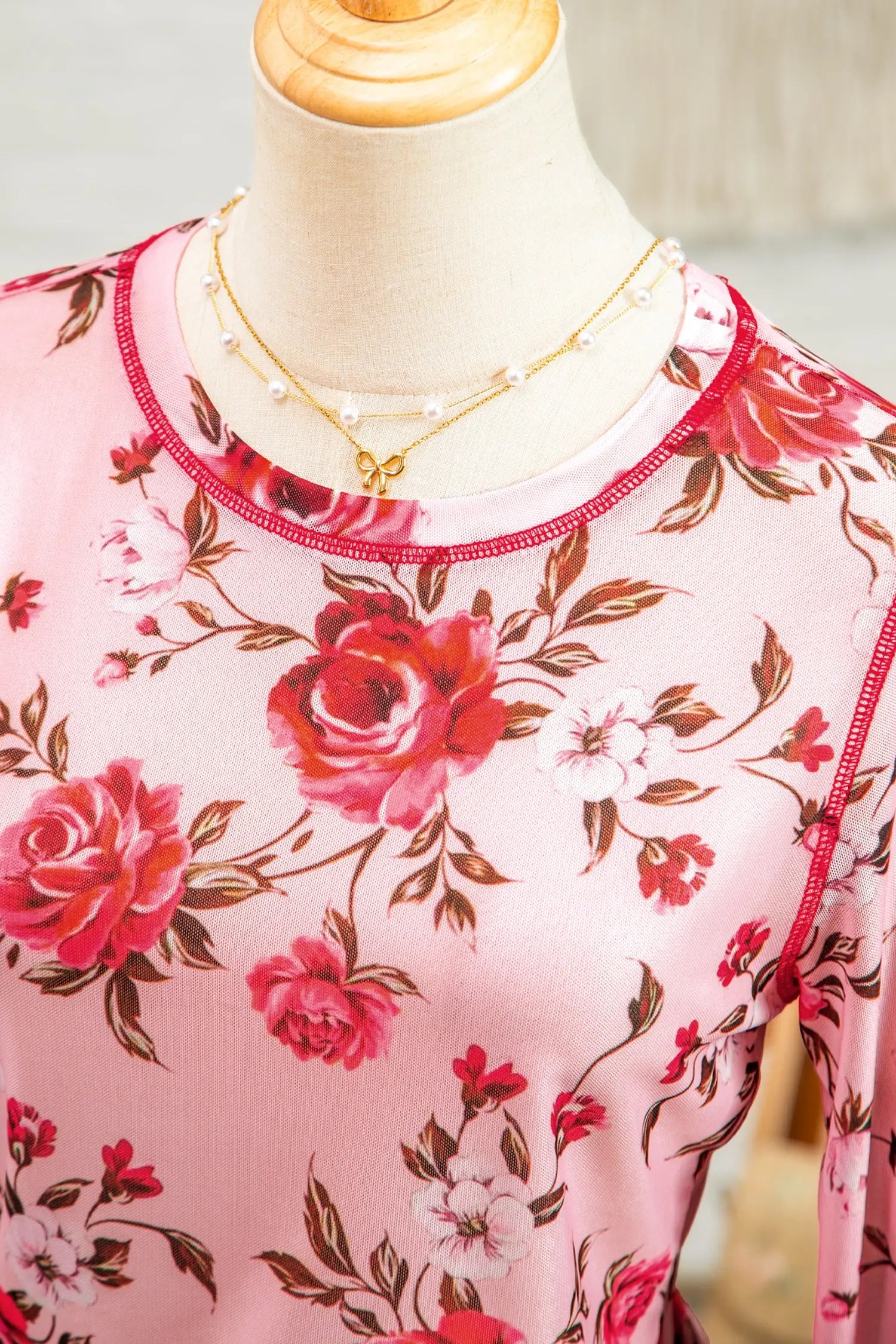 Pink Floral Print Mesh Long Sleeve Top With Exposed Seam Detail Dear-Lover Dropshipping