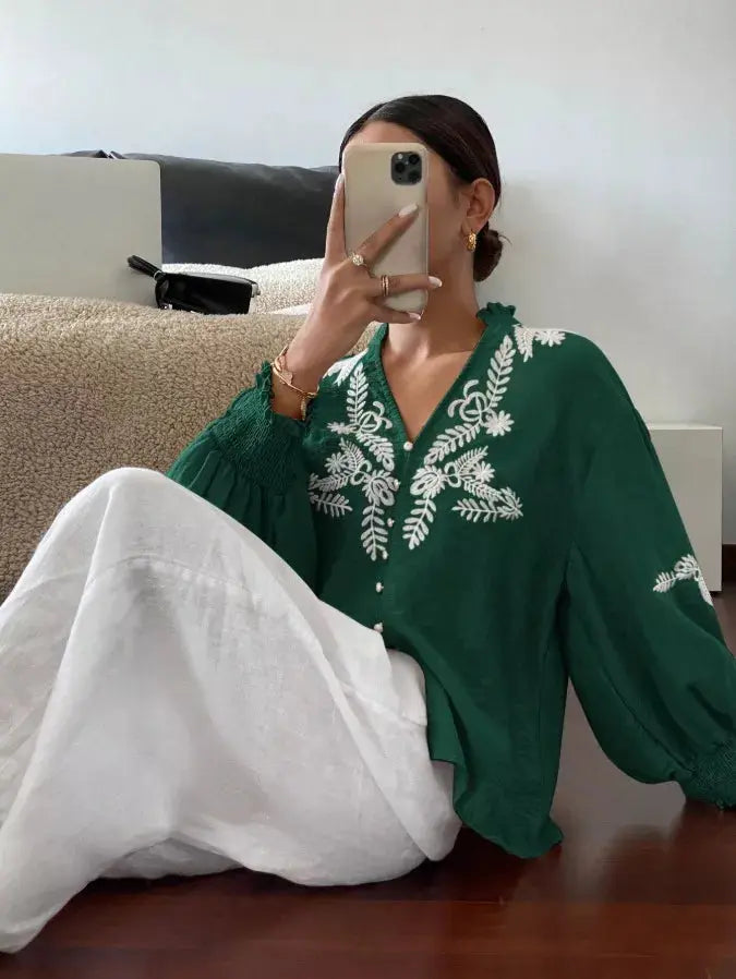 Embroidered Notched Long Sleeve Blouse Simply Love