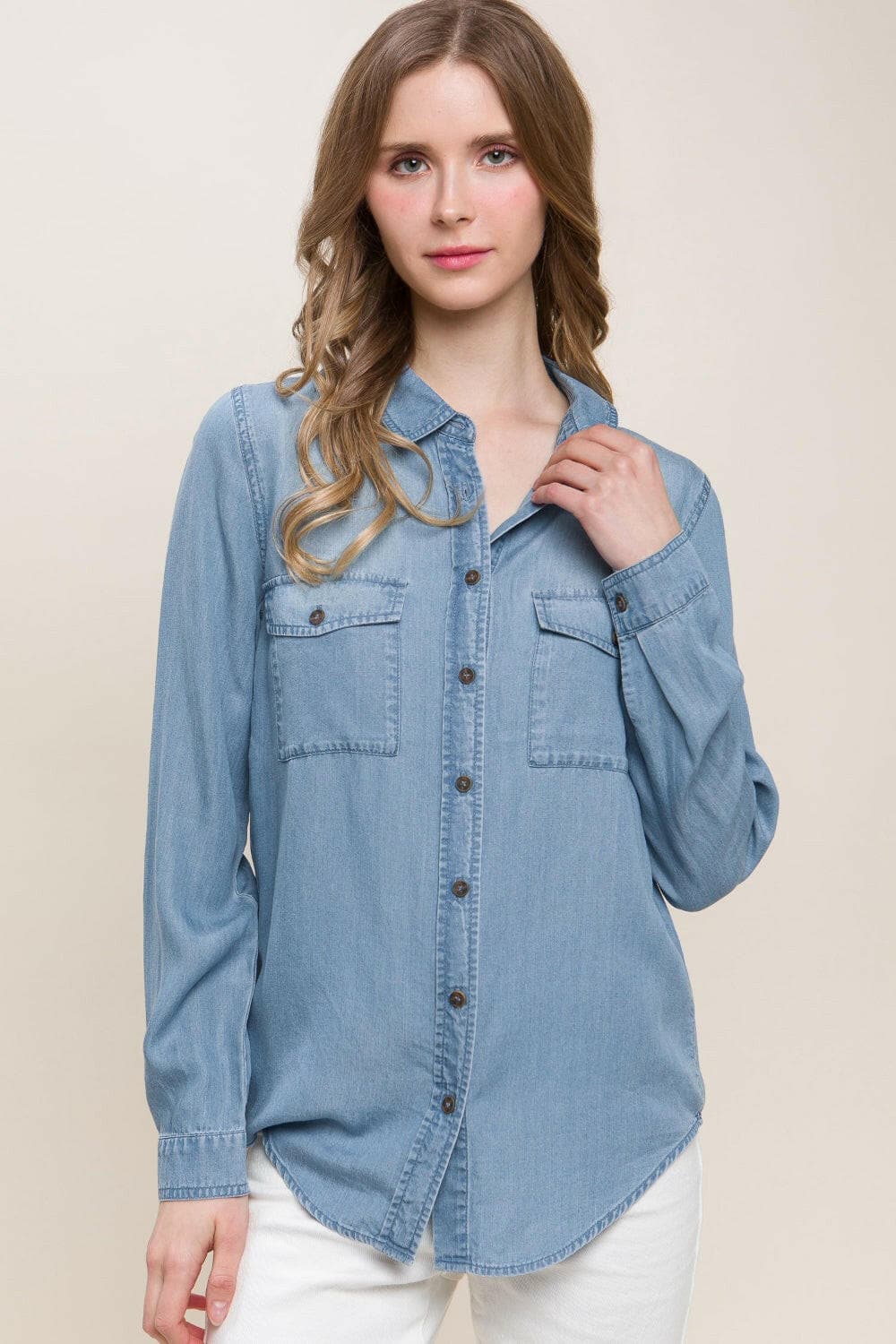 Love Tree Scooped Hem Button Up Denim Shirt.