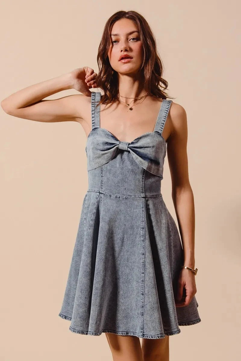 SO ME Mineral Washed Bow Ribbon Denim Flare Dress Coco’s Tee Boutique