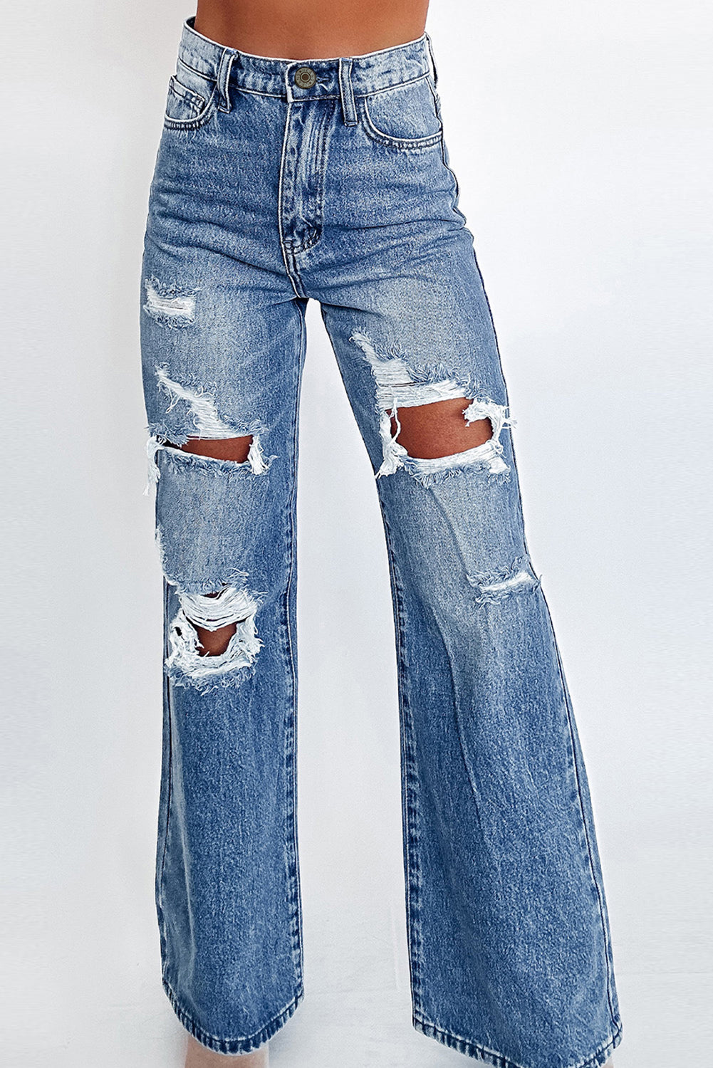 Trendy Ashleigh Blue High-Waisted Distressed Wide Leg Jeans