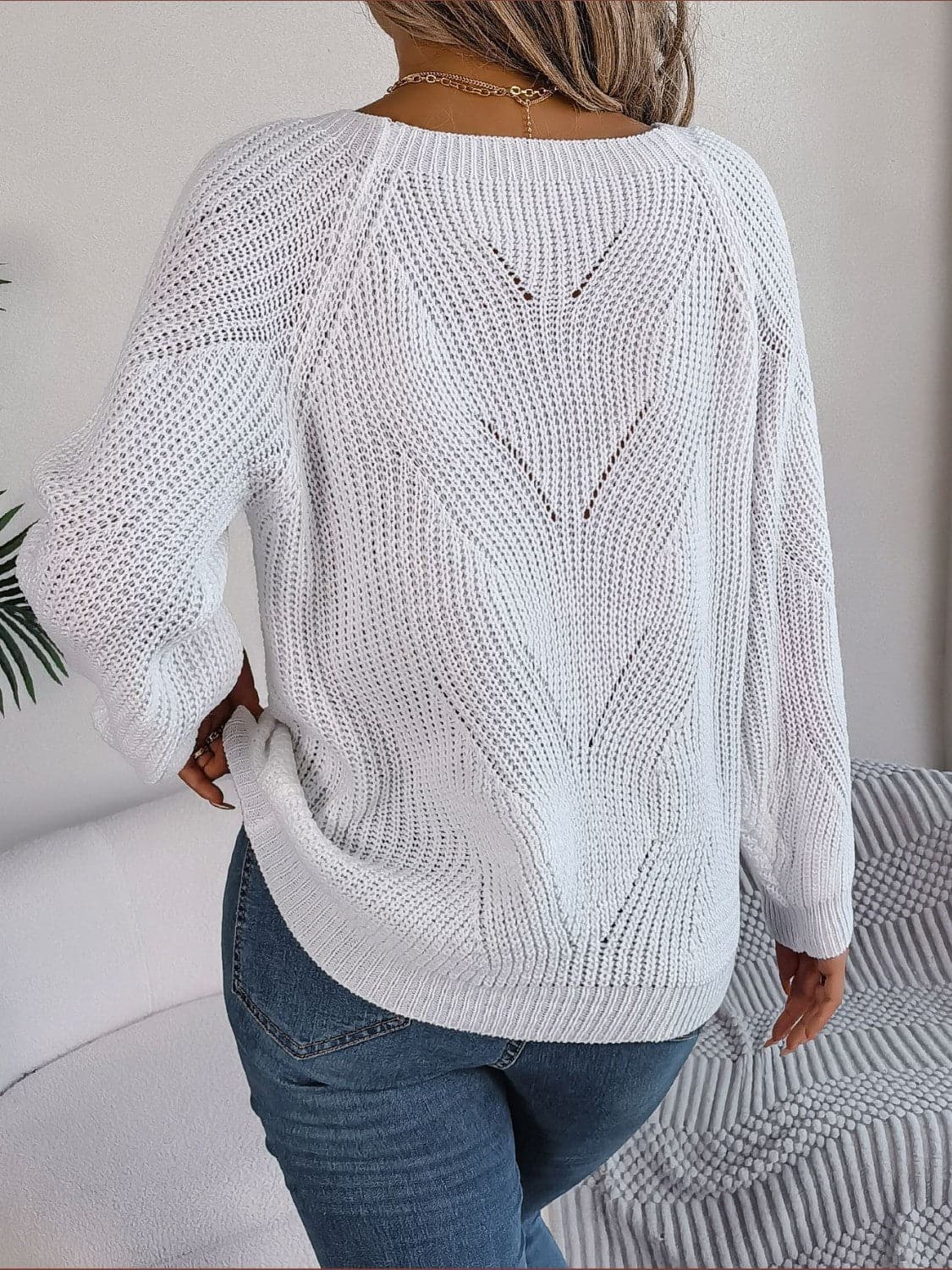 Openwork Buttoned Square Neck Sweater.