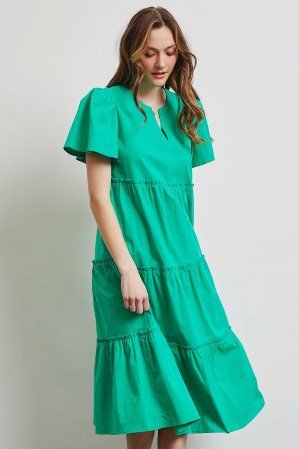 HEYSON Full Size Cotton Poplin Ruffled Tiered Midi Dress.