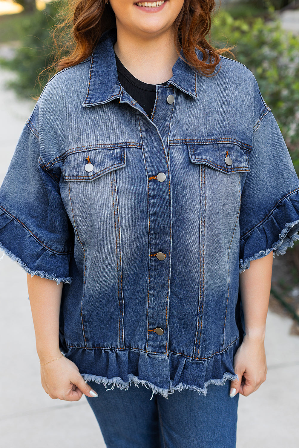 Peacock Blue Ruffled Denim Jacket Plus Size Short Sleeve Dear-Lover Dropshipping