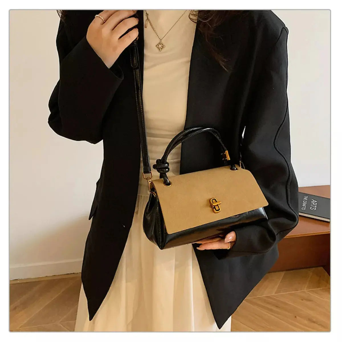 Flap Crossbody Bag With Top Handle Small PU Leather Gold Hardware Simply Love