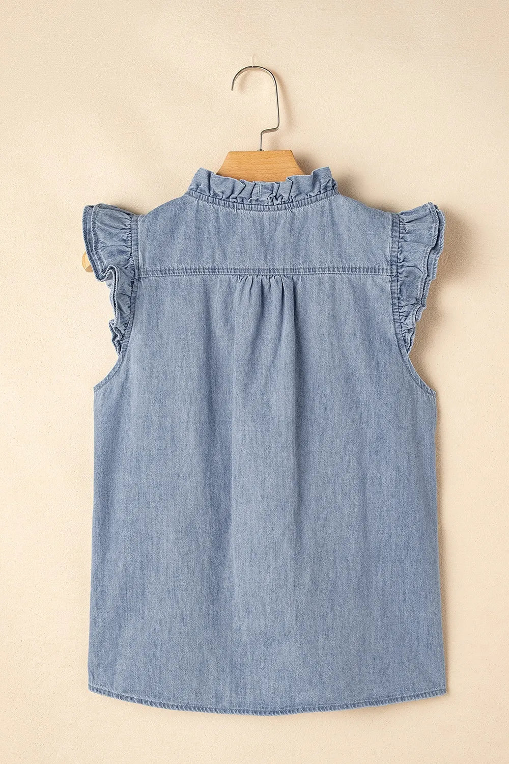 Frilly Ruffle Trim V Neck Chambray Tank
