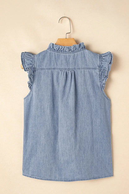Frilly Ruffle Trim V Neck Chambray Tank