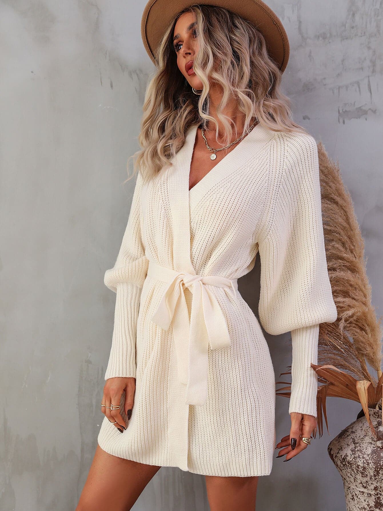 Belted Surplice Lantern Sleeve Wrap Sweater Dress.