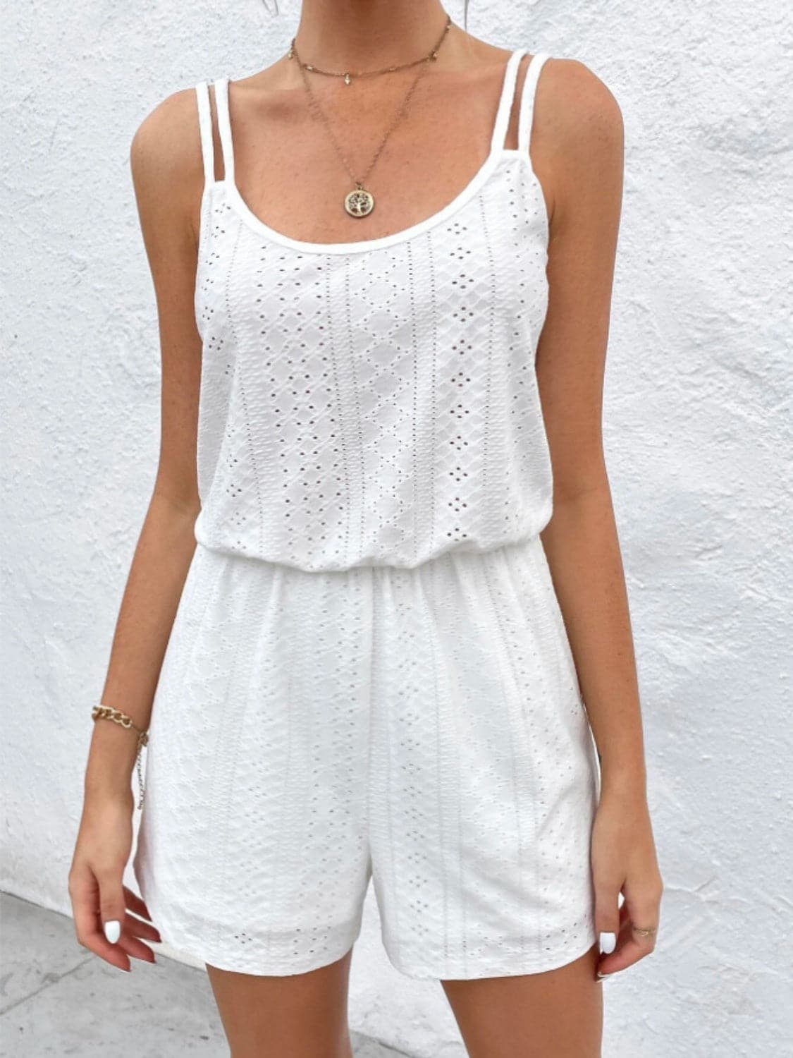 Eyelet Scoop Neck Double Spaghetti Straps Romper.