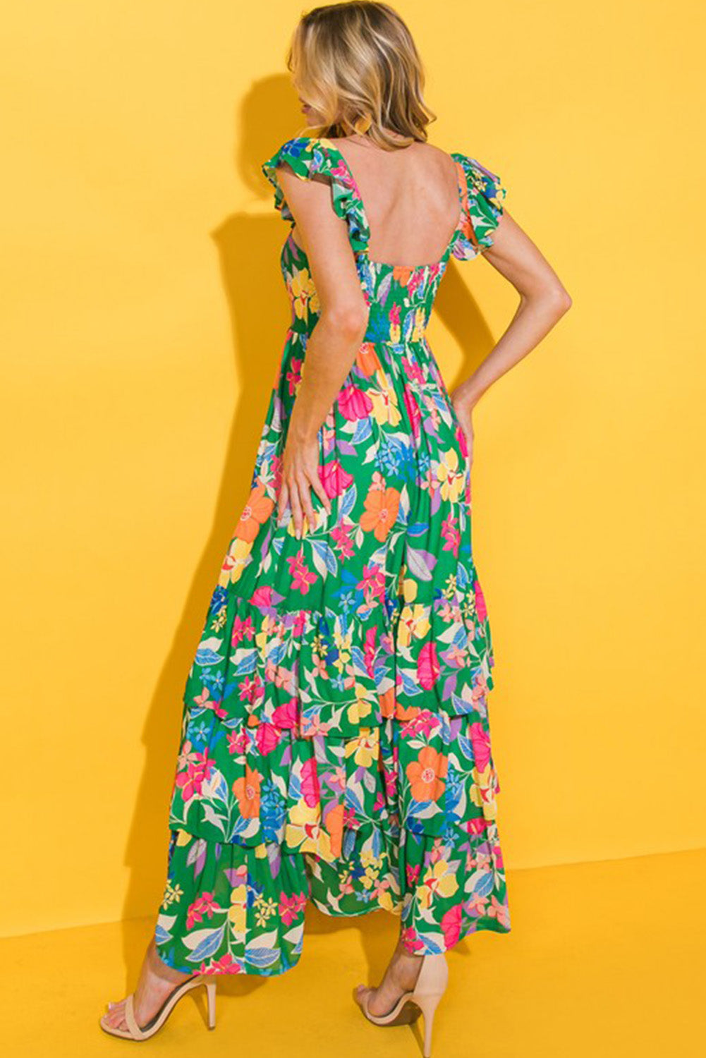 Green Floral Print Sleeveless Ruffle Tiered Maxi Dress Delight