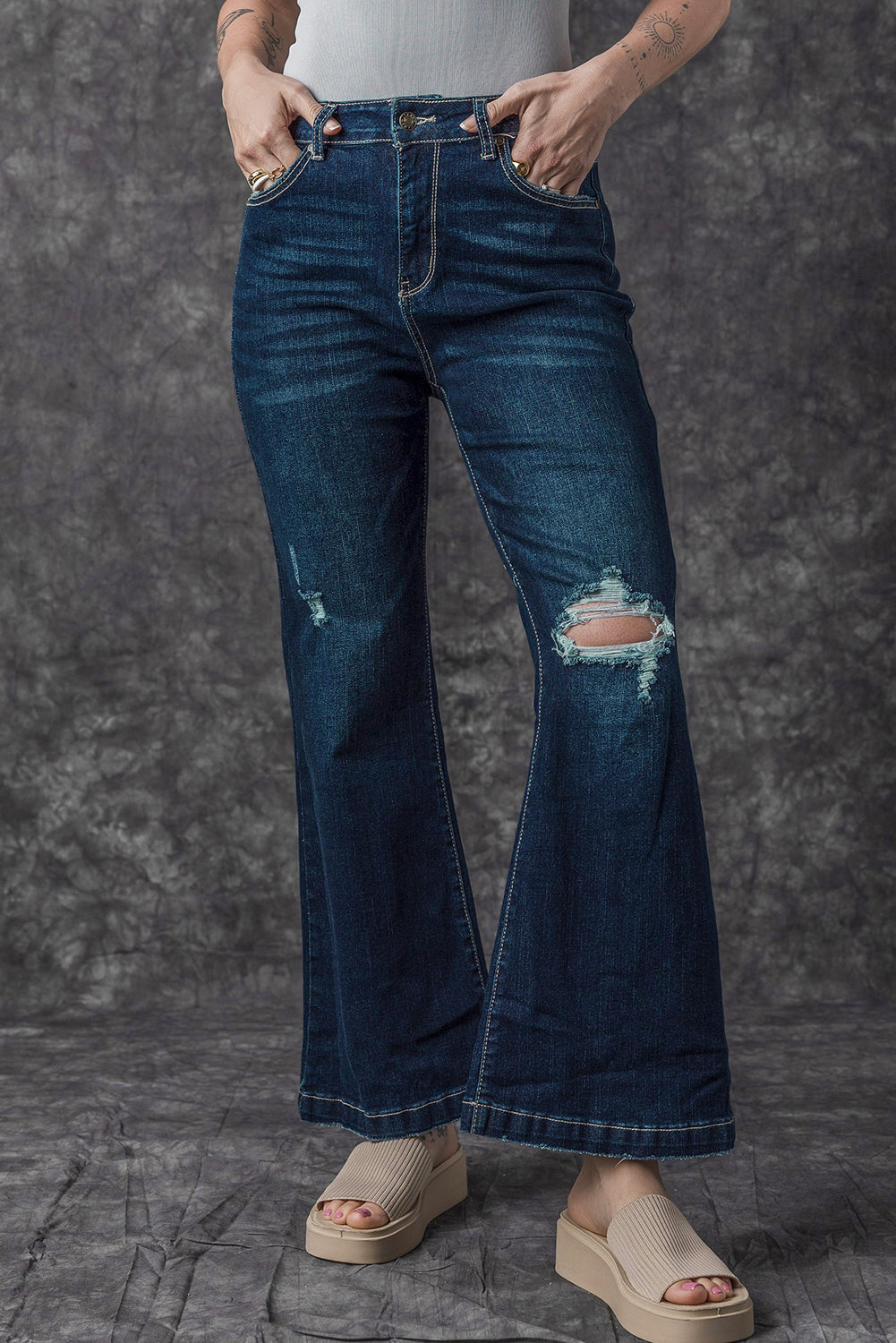 Chic real teal high-waisted ripped flare jeans