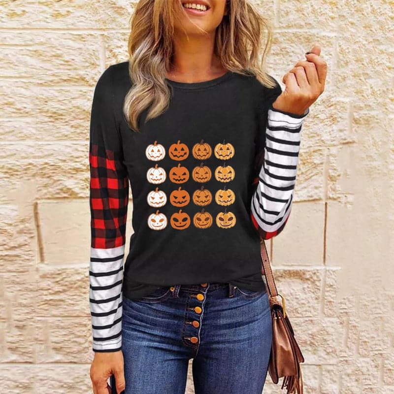 Spook-tacular women's patchwork knit top for Halloween fun