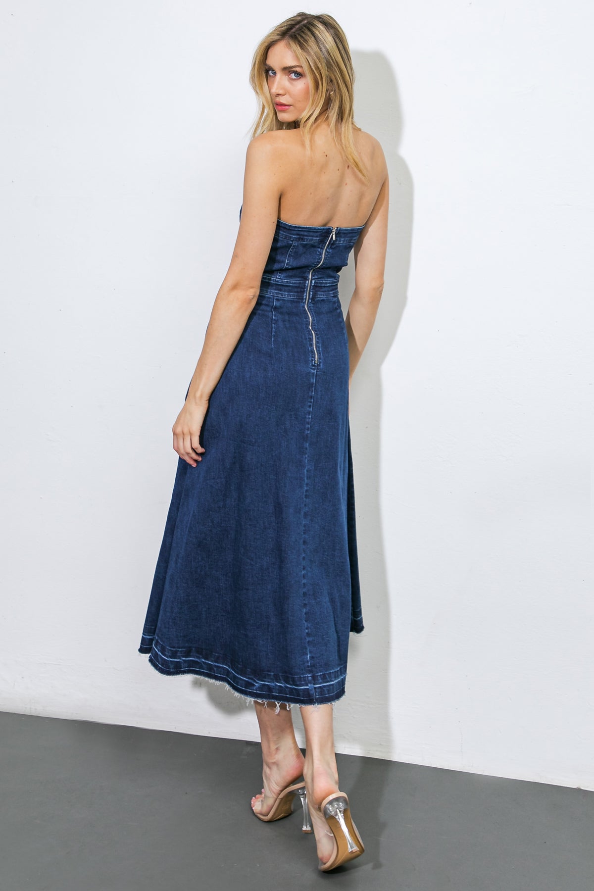 HERE GOES NOTHING DENIM MIDI DRESS Flying Tomato