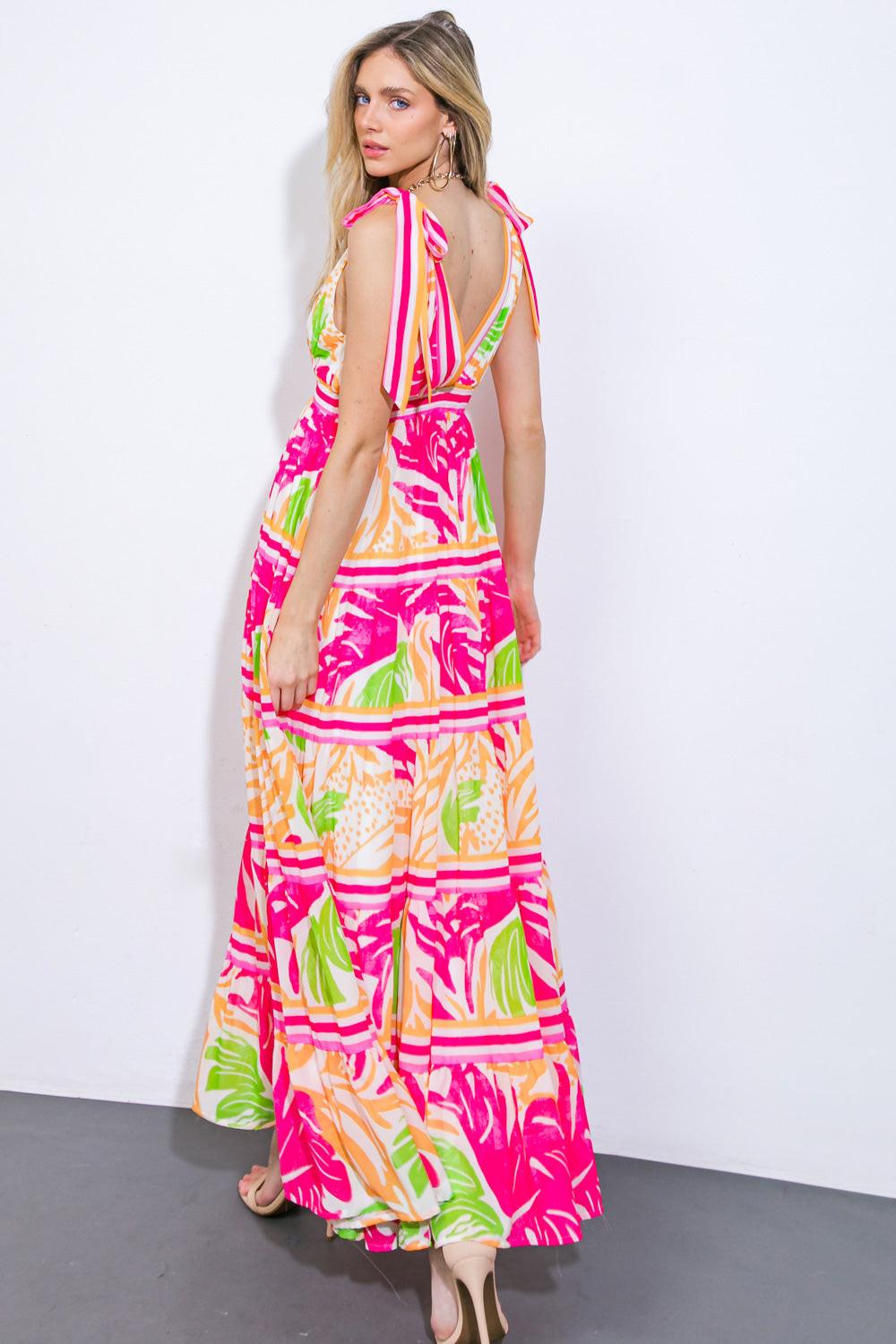 Flying Tomato Take the Trails Woven Maxi Dress, side profile. Showcases the relaxed fit and natural woven texture for comfort