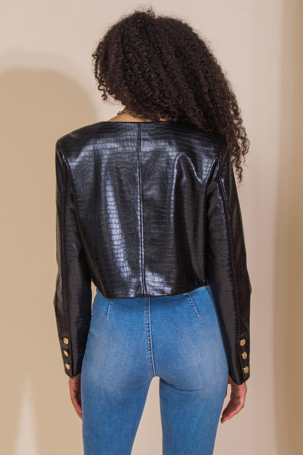 AT THE START FAUX LEATHER BOLERO JACKET