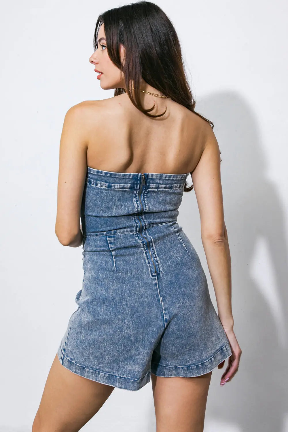 Acid Washed Romper With Straight Neckline And Twisted Front Overlay Back Zipper Flying Tomato