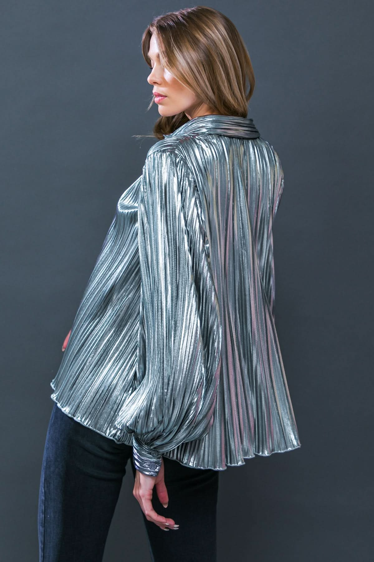 Chic Metallic Pleated Shirt Top