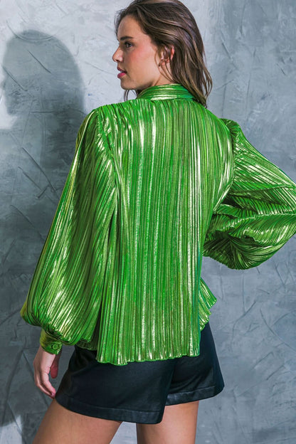 Chic Metallic Pleated Shirt Top