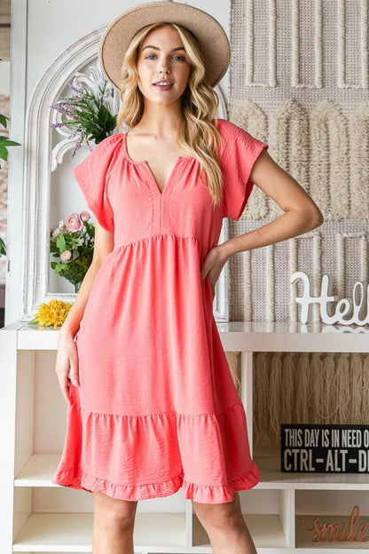 Reborn J Ruffled Notched Cap Sleeve DressExperience Elegance with the Reborn J Ruffled Notched Cap Sleeve Dress
 Step into any special occasion radiating grace and charm with this beautifully designed dressLove Salve Ruffled Notched Cap Sleeve Dressusa