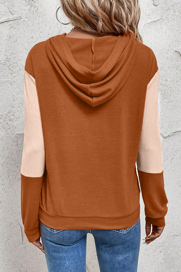 Gold Flame Contrast Ribbed Patchwork Crossed Hoodie