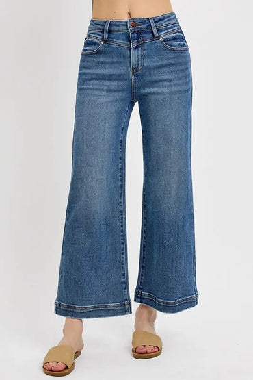 Risen Full Size High Rise Crop Wide Leg Front Yoke Detail Jeans Plus Size - Love Salve 