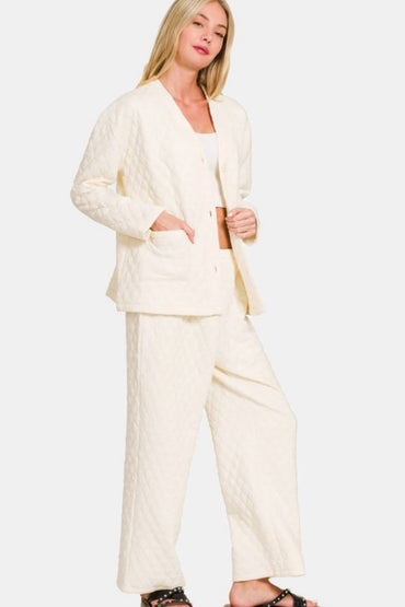 Cozy Quilted Long Sleeve Lounge Set with Button-Up Top and Pants