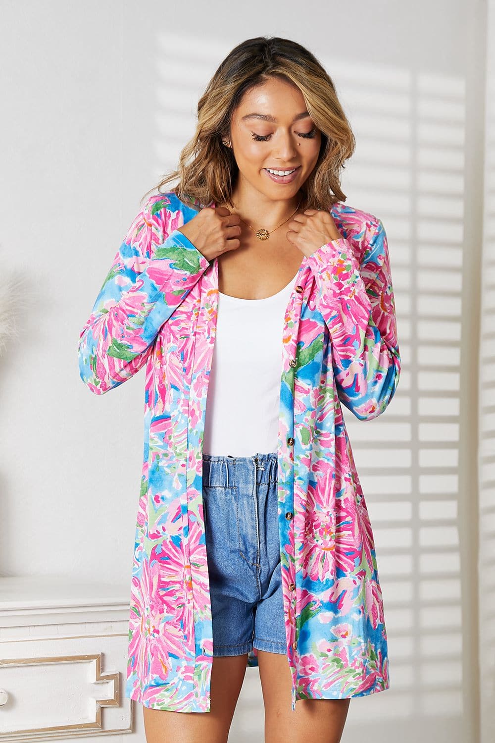 Double Take Floral Open Front Long Sleeve Cardigan.