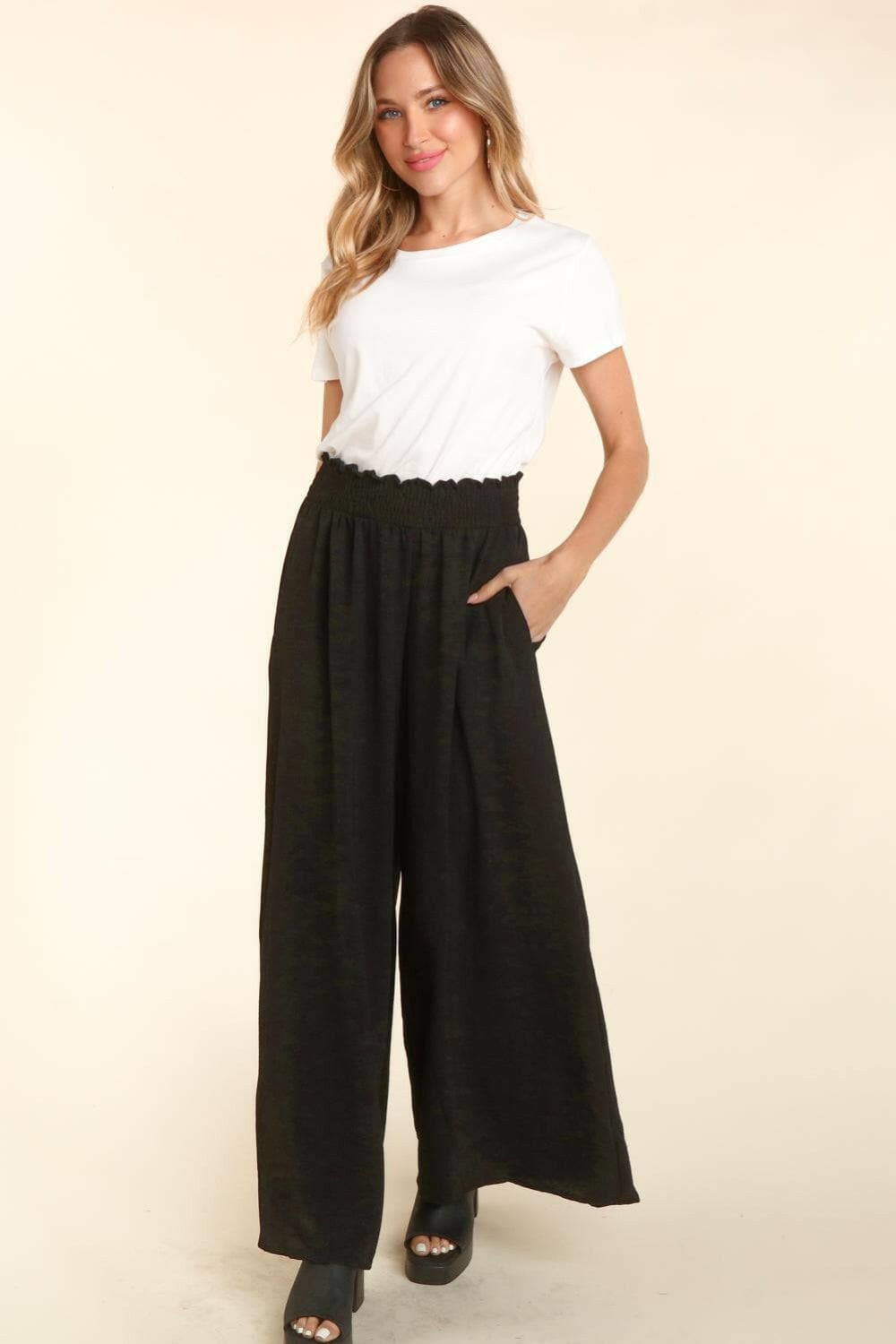 Haptics Elastic Waist Wide Leg Pants with Pockets.