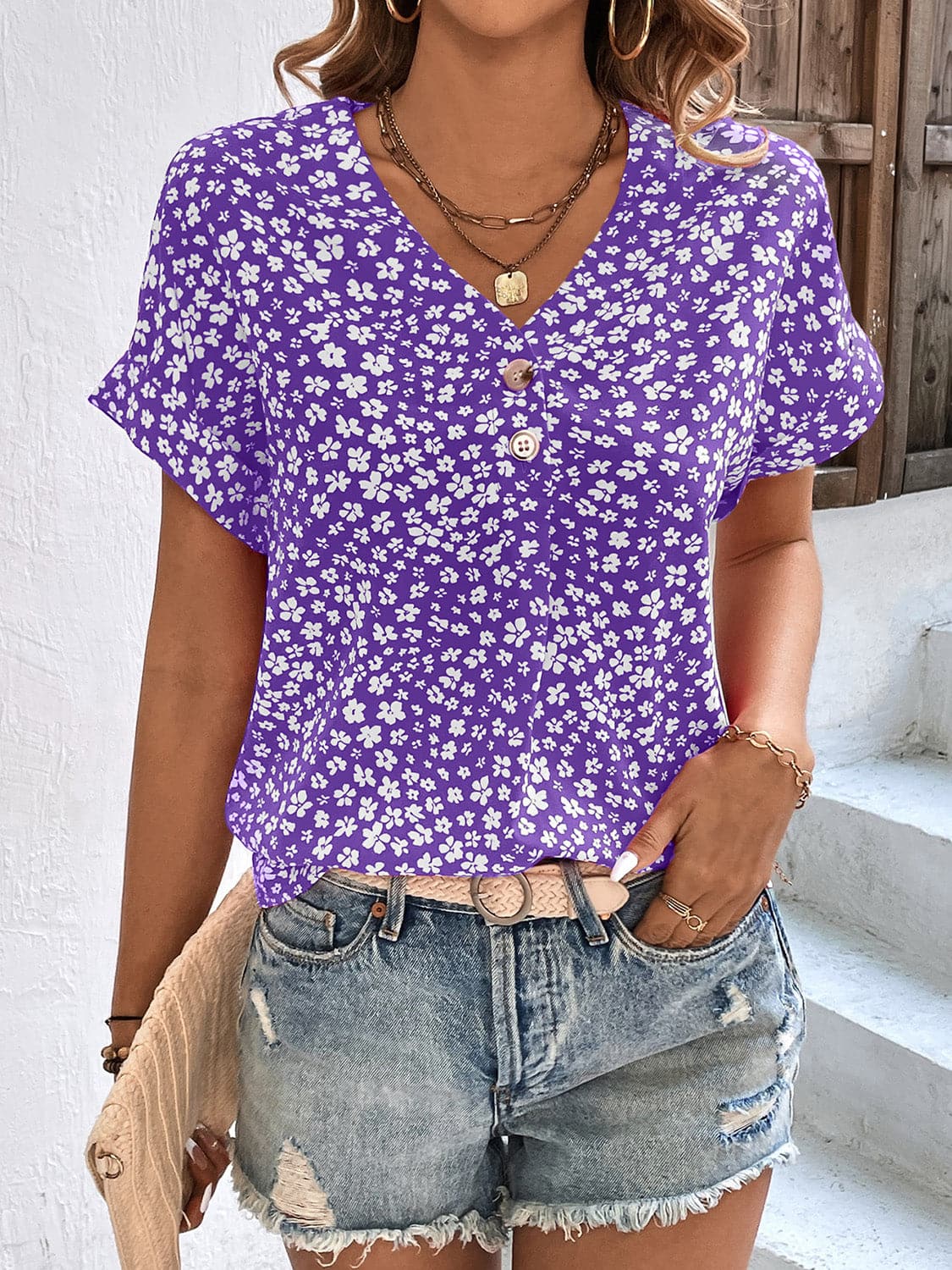 Printed V-Neck Short Sleeve Blouse.