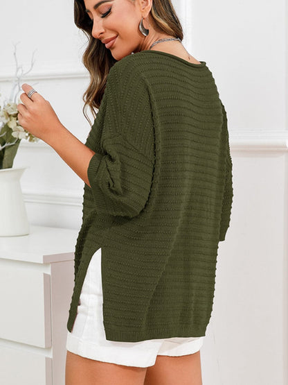 Rolled Round Neck Dropped Shoulder Slit Sweater.