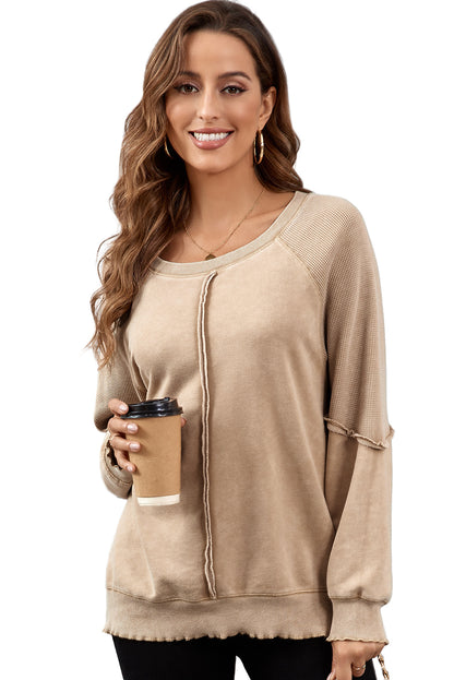 Chic light beige waffle knit raglan sweatshirt with patchwork details