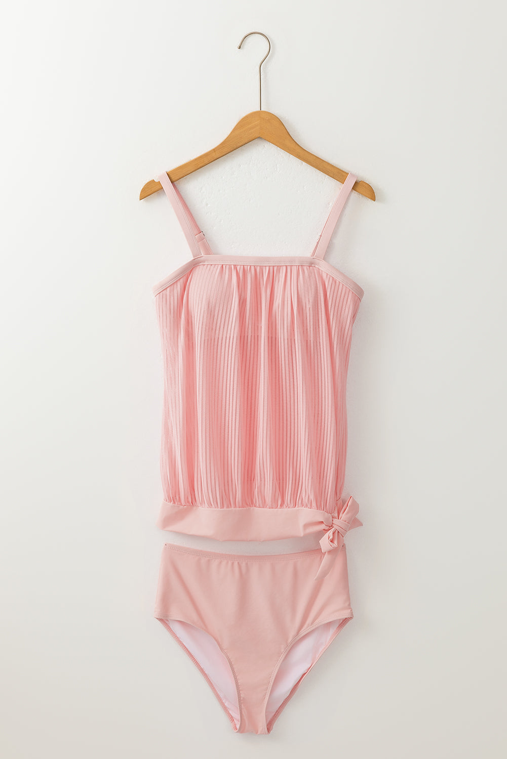 Pink striped knotted hem mesh tankini swimsuit for stylish summer days