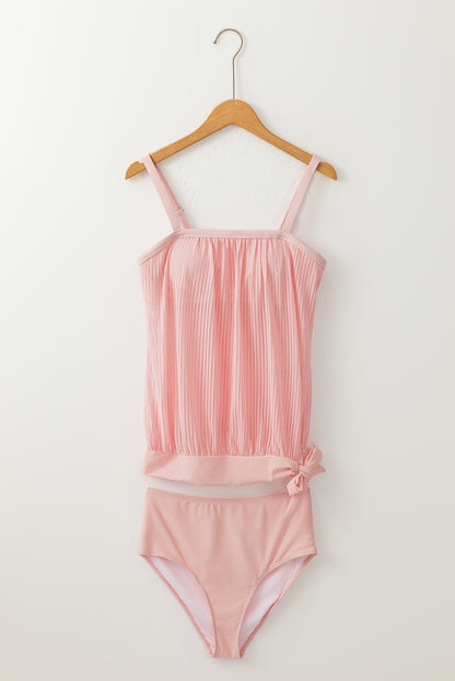 Pink striped knotted hem mesh tankini swimsuit for stylish summer days