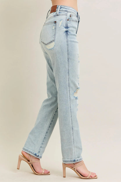 Judy Blue Plus Size Full Size Mr Repair Stitch Detail Destroyed Boyfriend Jeans - Love Salve 