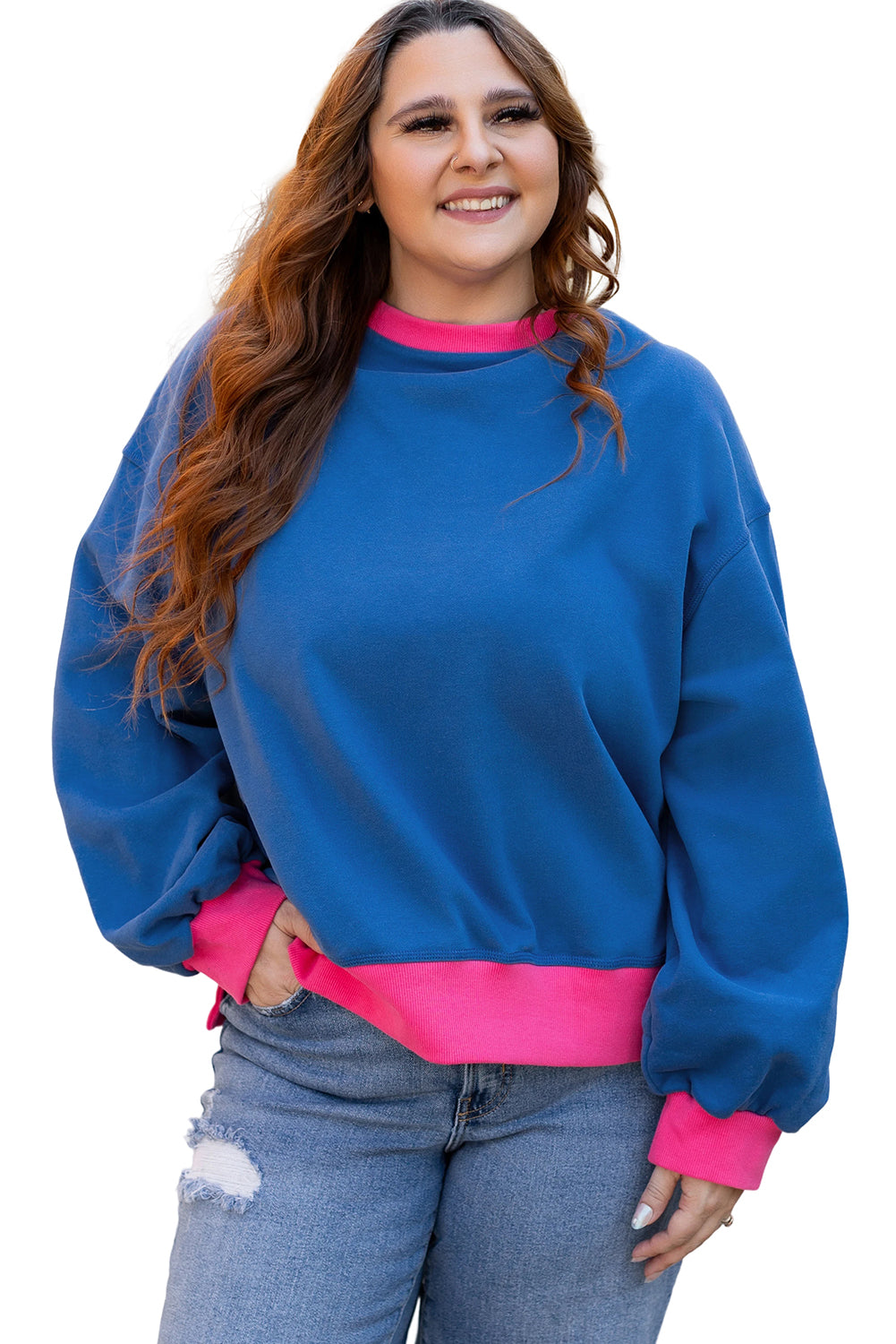 Sky blue color block plus size sweatshirt