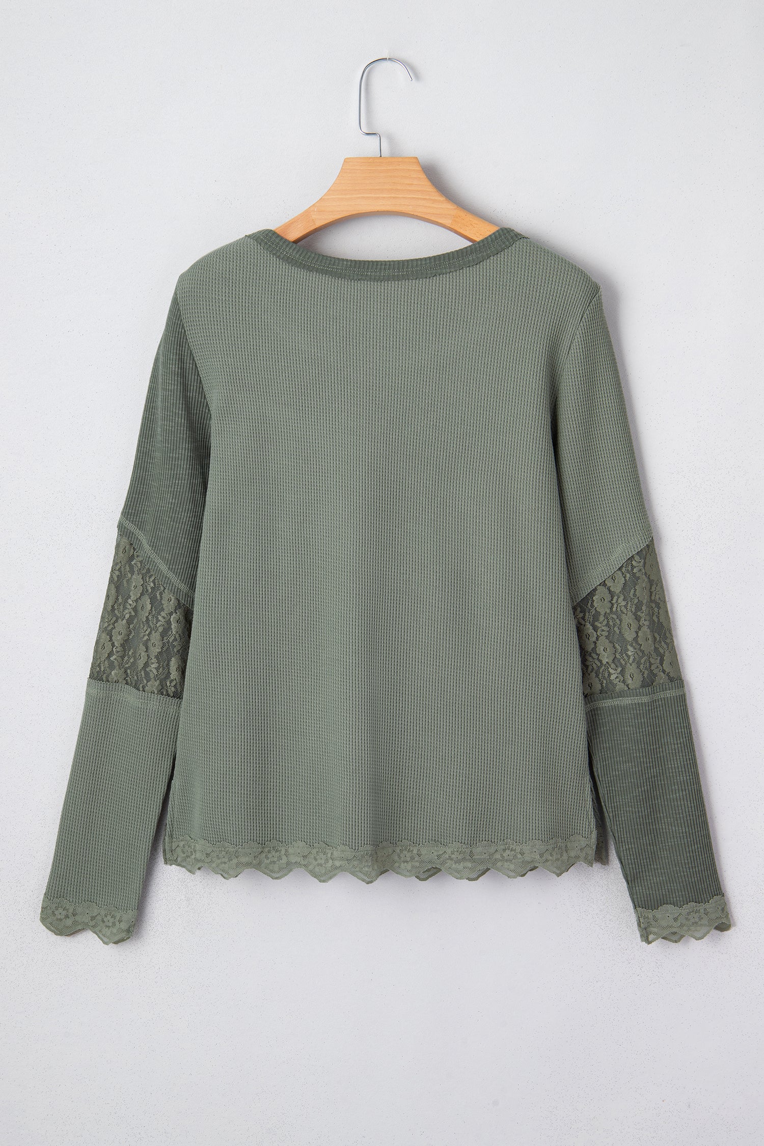 Sage Green Solid Color Waffle Ribbed Lace Patchwork Long Sleeve Top - Love Salve