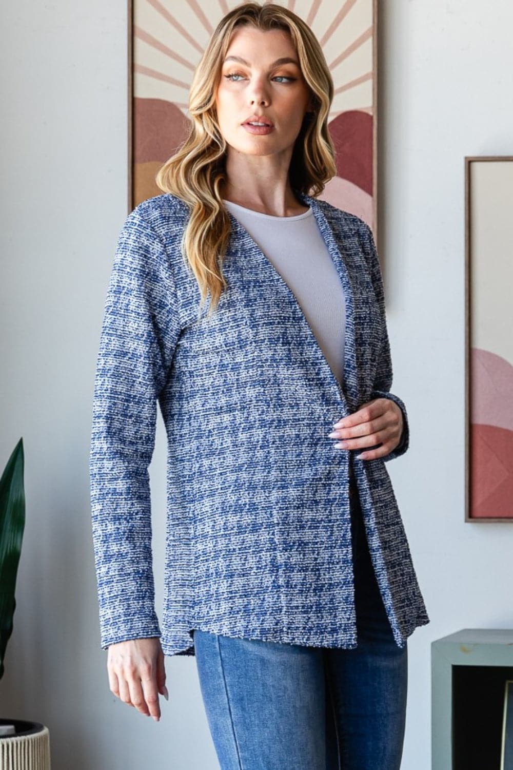 Chic houndstooth tweed open front blazer for effortless style