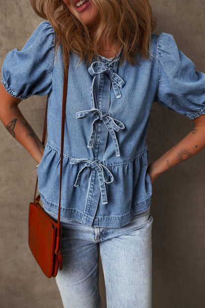 Dusk Blue Tie-Front Peplum Denim Shirt with Bubble Sleeves