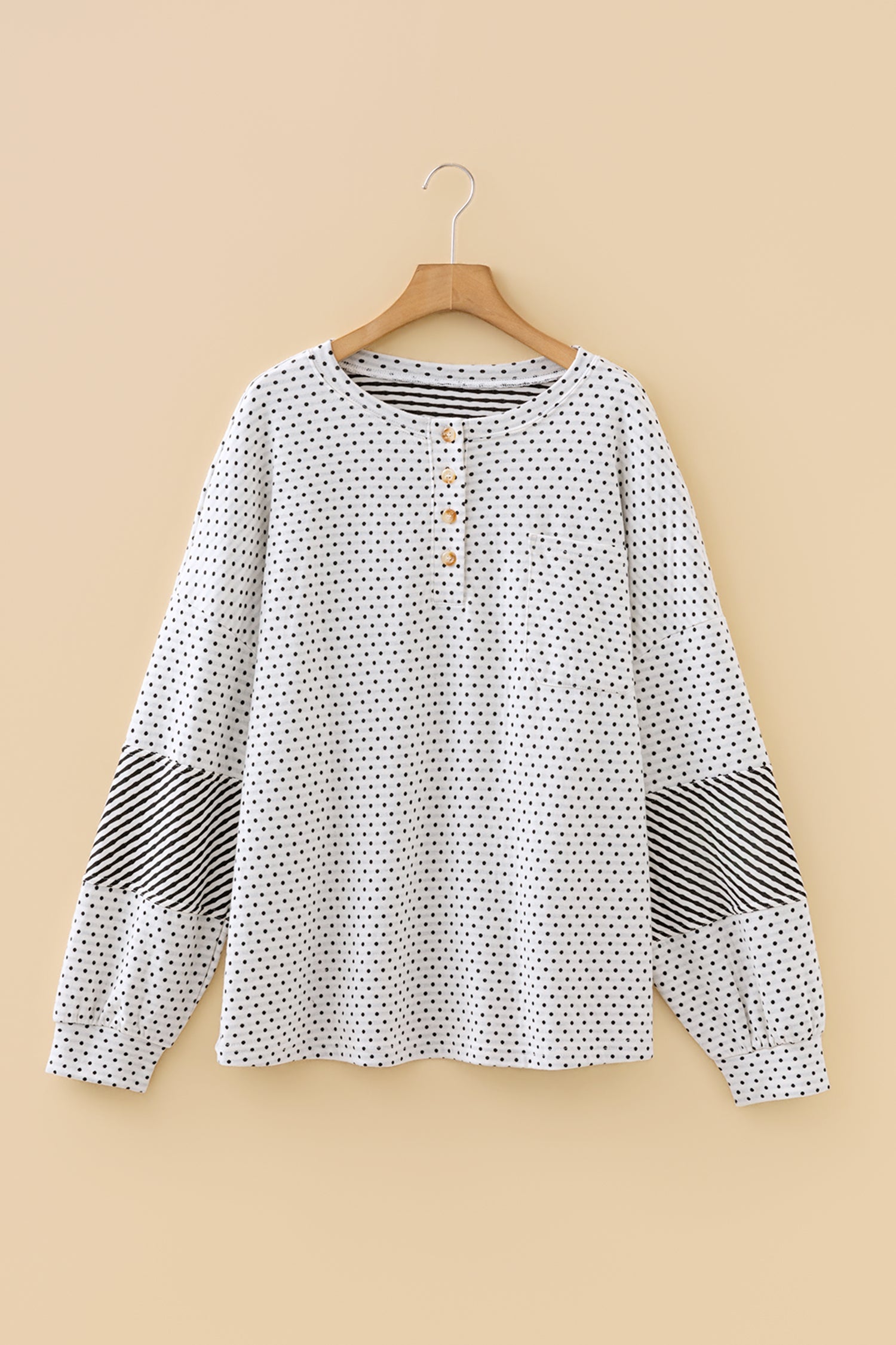 Beige Plus Size Dot Print Striped Patchwork Long Sleeve Henley Top Dear-Lover Dropshipping